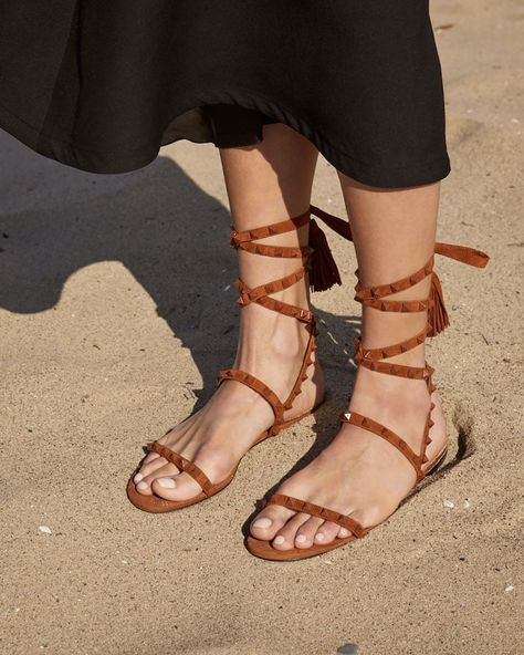 Valentino Garavani Suede Tassel Rockstud Flat Sandals Valentino Flat Sandals, Fashion Sandals Flat, Valentino Flats, Rockstud Flats, Valentino Sandals, Bow Flip Flops, Valentino Garavani Shoes, Ankle Strap Flats, Ankle Wrap Sandals