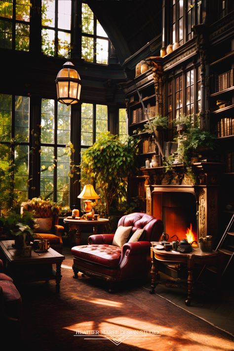 Living Room And Library Combo, Cozy Library With Fireplace, Woodsy Library, Library With Plants, Modern Cottagecore Aesthetic, Cottagecore Fireplace, Room Inspo Dark, Witchy Library, Cosy Library