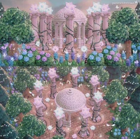 Fairy Core Acnh Ideas, Acnh Island Inspo Fairycore, Acnh Sasha Yard Ideas, Elegantcore Animal Crossing, Acnh Fairycore Codes, Acnh Pink Island, Acnh Fairycore Island, Animal Crossing Fairycore, Acnh Terraforming