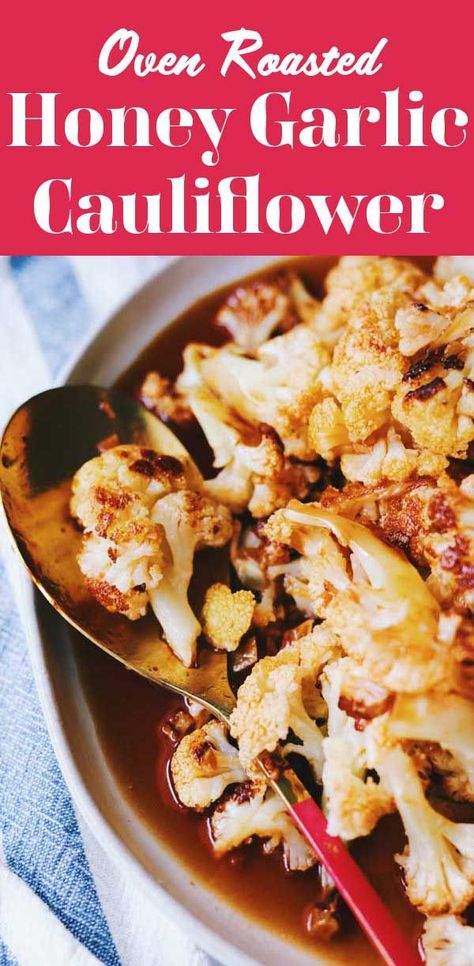 This roasted honey garlic cauliflower recipe is the perfect sweet and tangy side dish. Cauliflower florets are oven roasted then tossed in an easy homemade honey garlic sauce. The whole thing takes about 20 minutes to make which is always a win for an easy weeknight vegetable dish. Homemade Honey Garlic Sauce, Honey Garlic Cauliflower, Honey Cauliflower, Cauliflower Grilled, Vegetarian Tart, Cauliflower Grilled Cheese, Cheesy Green Bean Casserole, Cooking Veggies, Garlic Cauliflower