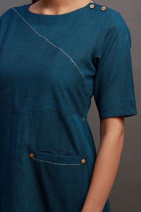 Beautiful detailing with buttons and pocket. #kurti Pocket Design Kurtis, Poket Kurti Designs Latest, Pocket Kurti Design Cotton, Kurti With Pockets Style, Pocket Style Kurti Design, Pocket Kurti Design, Kurti With Pocket, Khadi Kurti, Plain Kurti Designs