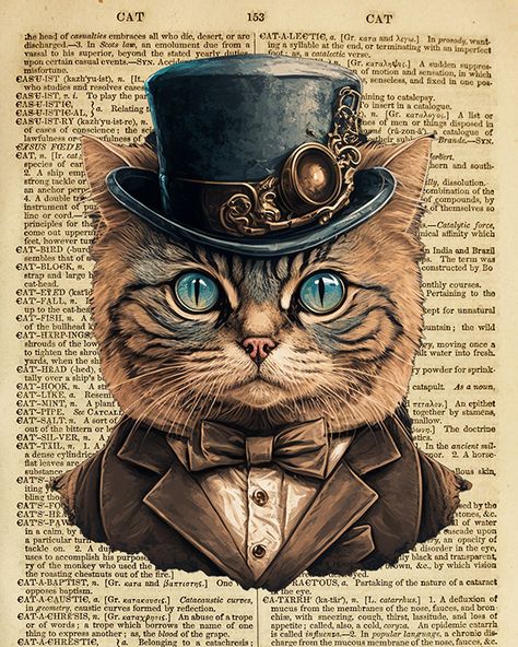 Free Printable Steampunk Cat Dictionary Art Print Vintage Cat Printables, Cats Printable, Cat Free Printable, Steampunk Cat Art, Steampunk Printables Free Steam Punk, Free Printable Cat Wall Art, Vintage Steampunk, Steampunk Images Free Printable, Cat Printables Free