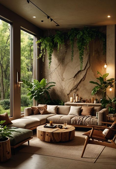 Natural Elements in Living Rooms 0 Botanical Boho Living Room, Natural Salon Decor Interior Design, Greenery For Living Room, Nature Living Room Aesthetic, Naturalistic Living Room, Living Room Oasis, Meditation Living Room, Natural Light Interior Design, Living Room Plant Decor Ideas