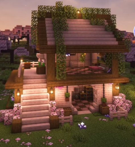 Lake Side House Minecraft, Cute Houses Minecraft, Blossom House Minecraft, Cherry Blossom House Minecraft, Minecraft Cottage House, Minecraft Cabin, Cherry Blossom House, Minecraft Small House, Cottage Minecraft