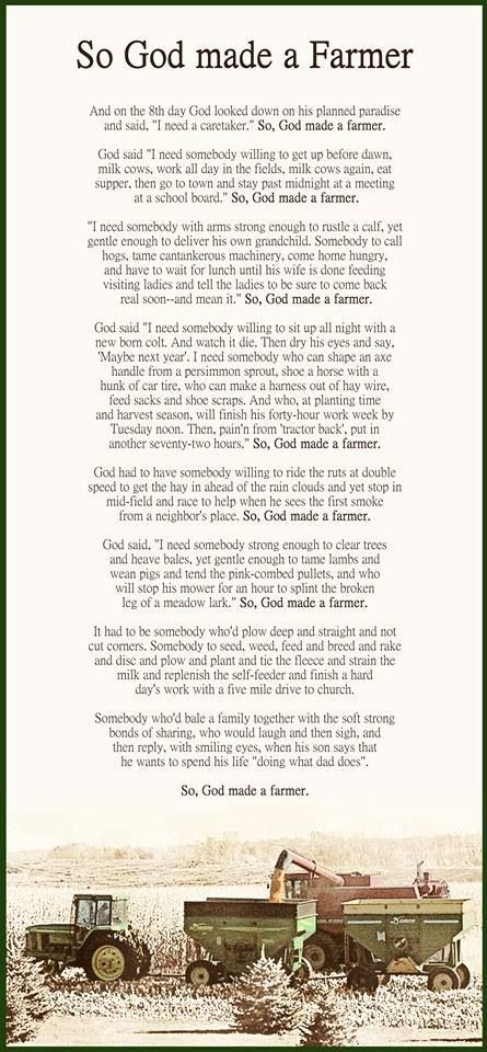 Farmer Poem, Farmer Quotes, So God Made A Farmer, God Made A Farmer, Farm Quotes, Room Quotes, Paul Harvey, Farmer Wife, Ideas Craft