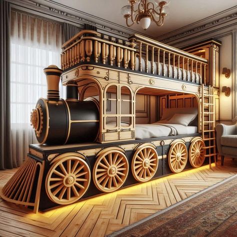 Antique Train-Shaped Bunk Bed Bedroom Diy Wall Art, Girls Bedroom Color Schemes, Train Bed, Kids Bedroom Diy, Antique Train, Wall Art Girls Bedroom, Bedroom Design Inspiration, Bedding Inspiration, Kids Bedroom Inspiration