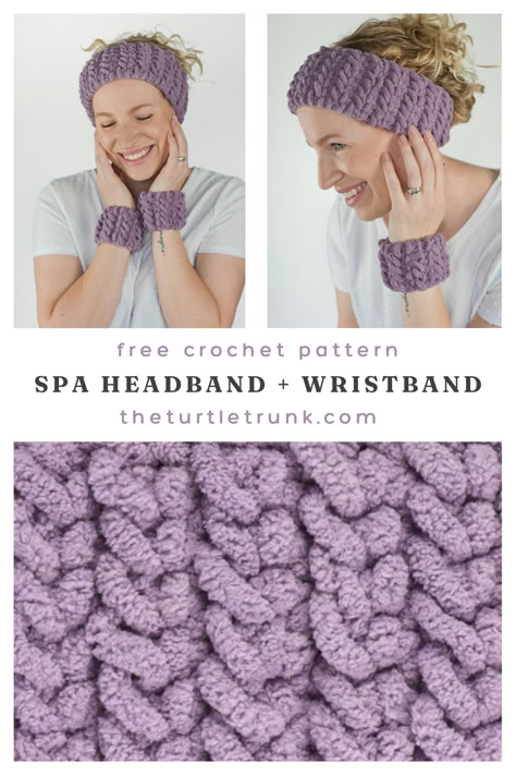 Women wearing a crochet spa headband and wristbands. Crochet Spa Headband, Crochet Spa Set, Cozy Headbands, Cozy Crochet Patterns, Spa Headband, Crochet Ear Warmer, Spa Set, Cozy Crochet, Born Again