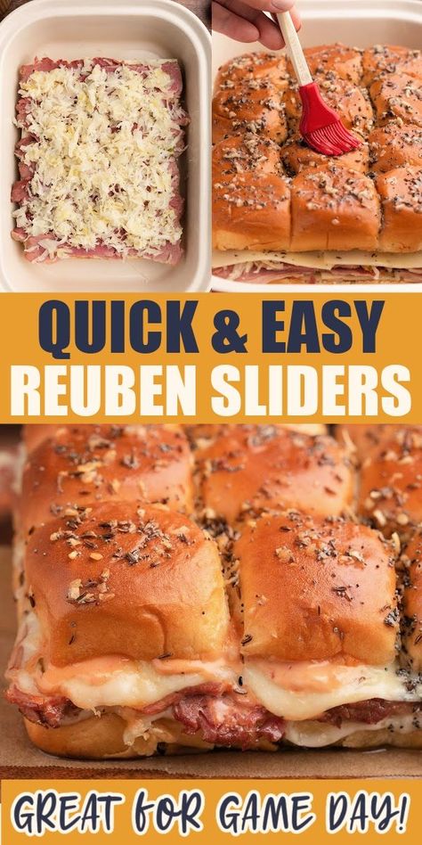 photo collage of reuben slider ingredients being layered onto hawaiian rolls, butter sauce being brushed onto slider tops, and baked reuben sliders. text reads "quick & easy reuben sliders" and "great for game day!" Corned Beef Sliders Hawaiian Rolls, Corned Beef Sliders, Baked Reuben Sliders, Corned Beef Sliders Irish, Corned Beef For Reuben, Mini Rueben Sandwiches Appetizers, Reuben Bowl Corned Beef, Reuben Sliders, Baked Corned Beef