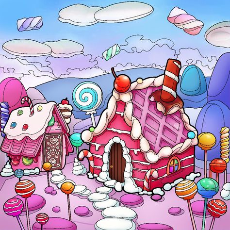 Candyland Painting, Candyland Drawing, Candy Land Drawing, Candy House Drawing, Candy Template, Candy City, Candy Drawing, Copic Drawings, Drawing Competition