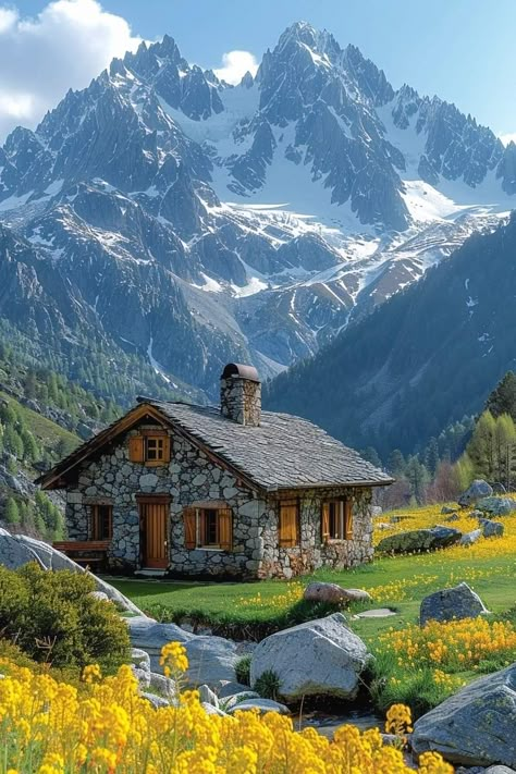 Cottage In The Mountains Aesthetic, Cottage On Mountain, House Between Mountains, Cottage In Mountains, Stone Cottage Homes, Cabin Lifestyle, Mountains Cabin, House In The Mountains, Dream House Aesthetic