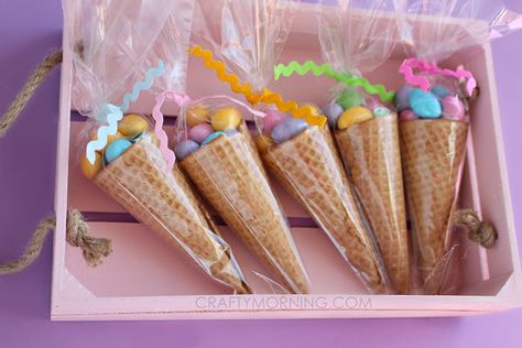 Edible Easter Egg Cone Treats - Crafty Morning Cone Treat Bag Ideas, Sugar Cones Ideas, Cone Treats, Easter Ice Cream, Easter Food Crafts, Crafty Morning, Easter Treat Bags, Easter Snacks, Easter Favors