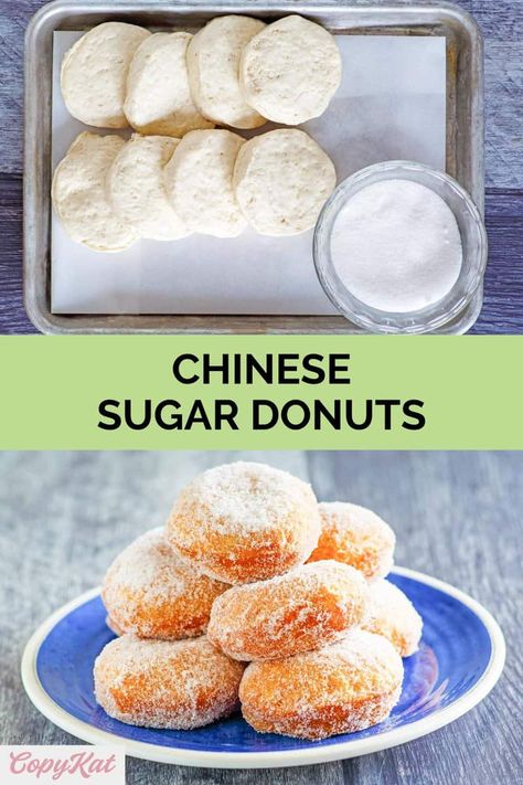 Love the sugar donuts at a Chinese buffet? Learn how to make the best Chinese sugar donuts at home with only 3 simple ingredients. Save this easy Chinese donut recipe to make a tasty dessert or treat. Chinese Fried Doughnut, Chinese Sugar Biscuits, Homemade Chinese Donuts Recipe, Chinese Donuts Air Fryer, Chinese Sweet Buns, Chinese Fried Biscuits, Asian Donut Recipe, Asian Doughnut, Chinese Doughnuts Recipe