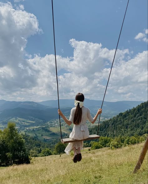 #bow #aesthetic #mountains #swing Swings In Forest, Swings Reference, Aesthetic Swingset, Swings Photography, Swinging Aesthetic, Swing Aesthetic, 1800 Aesthetic, Bow In Hair, Crispy Rolls