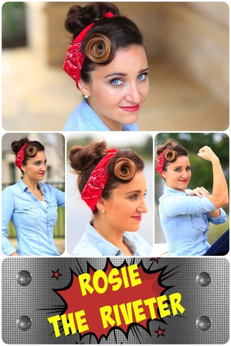 Rosie Riveter Hair Tutorial, Rosie The Riveter Photoshoot, Rosie Hairstyles, Rosie The Riveter Hairstyle, Rosie The Riveter Halloween Costume, Rosie The Riveter Hair, Rosie The Riveter Halloween, Bandana Hairstyle, Rosie The Riveter Costume