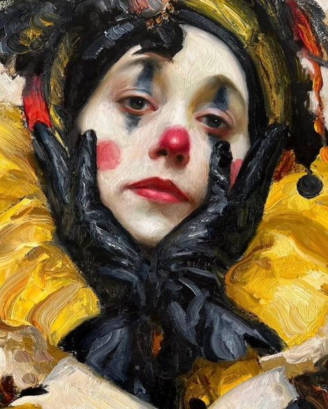 “Tired Jester” by Nihad Aghazadeh. Oil on canvas, 90/60 sm. The price is 3500 EURO including WW shipping. The role of Jester in Medieval times was very complicated. On the one hand, the Jester was the lowest rank on the King’s court. However, the jester could often speak frankly to the king and even ridicule him and never have any consequences for his actions. Traditionally, he had immunity from the punishment. It was considered a bad manner to punish or execute a Jester. As nobles could no... Female Court Jester, Medieval Jester Art, Medieval Court Jester, Jester Color Palette, Medieval Jester Aesthetic, Dark Jester Aesthetic, Jester Pose Reference, Court Jester Aesthetic, Jester Medieval