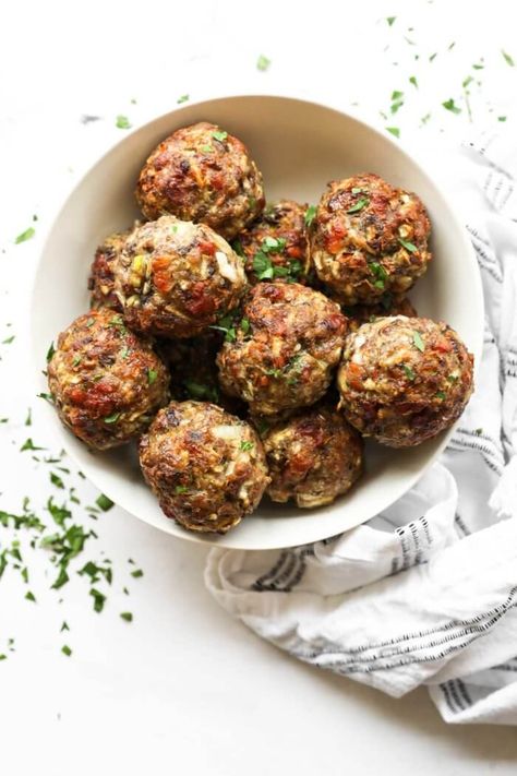 These breakfast meatballs are really easy to make! Using diced bacon and ground breakfast sausage, they’re a good low-carb and keto breakfast option. Just mix all of the ingredients together in one bowl, and bake! A great gluten free meatball option for a healthy breakfast. | Real Simple Good Breakfast Meatballs, Ground Breakfast Sausage, Homemade Breakfast Sausage, Gluten Free Meatballs, Sausage Meatballs, Country Breakfast, Sage Sausage, Bacon Sausage, Meatball Ingredients