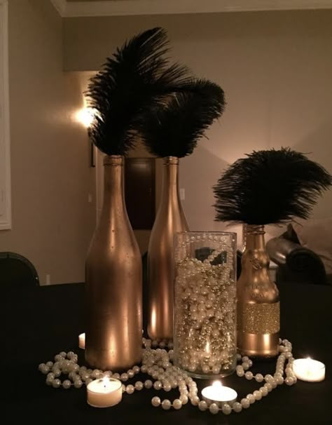 Flapper Decorations 1920s Party, 1920s Centerpieces Diy, Twenties Party Decorations, 20s Centerpieces Diy, 1920s Dinner Party Table, Speakeasy Table Centerpieces, Gatsby Party Decorations 1920s, Twenties Themed Party, Great Gatsby Party Ideas Decorations