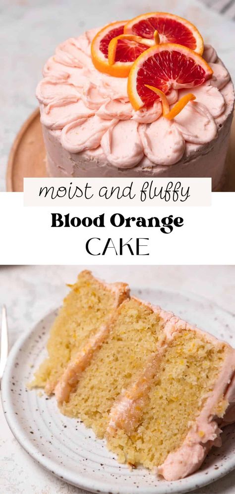 This blood orange cake is bursting with citrus flavor! The cake layers are made with fresh blood orange juice and zest. It's filled with blood orange curd and slathered with blood orange buttercream frosting. Best Cake Flavour Combinations, Candied Orange Cake, Green Orange Cake, Blood Orange Cake Recipe, Blood Orange Dessert Recipes, Orange Cake Design, Blood Orange Dessert, Orange Buttercream Frosting, Blood Orange Curd