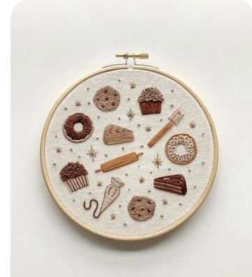 Embroidery Food Pattern, Pastry Embroidery, Bakery Embroidery, Dessert Embroidery, Chocolate Embroidery, Bread Embroidery, Cookie Embroidery, Cafe Board, Food Embroidery