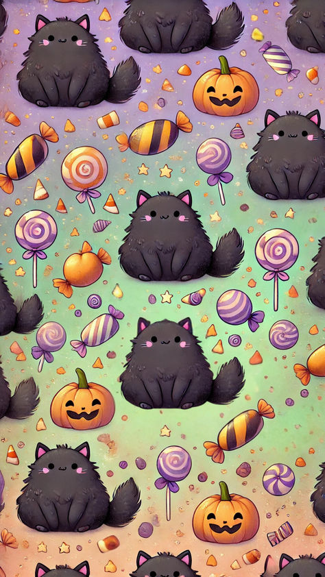 Black cats with halloween candy spooky season wallpaper Background Fall Aesthetic, Halloween Wallpaper Spooky, Witchy Wallpapers, Halloween Kitties, Spooky Halloween Wallpaper, Spooky Season Aesthetic, Season Background, Fluffy Black Cat, Background Fall