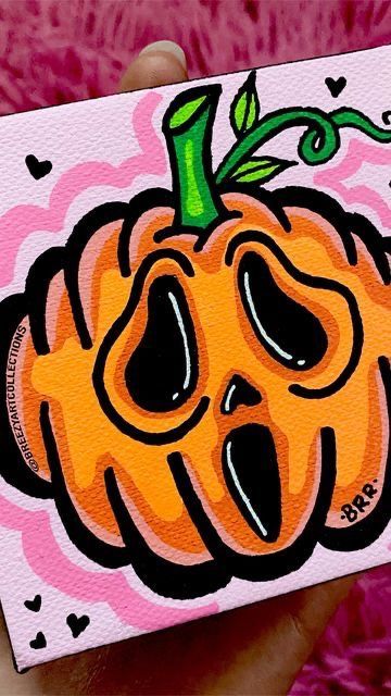 Spooky Cute Painting Ideas, Crafts With Random Stuff, At Home Paint Night Ideas Easy, Funny Halloween Paintings On Canvas, Happy Halloween Painting, Scream Halloween Painting, Preppy Halloween Painting, Ghostface Painting Cute, What To Draw On A Pumpkin