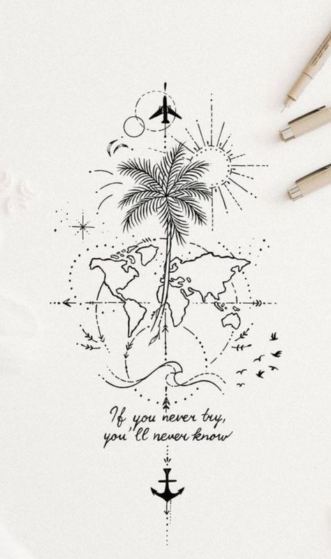 Tropisches Tattoo, Tattoos Simplistic, Tatoo Dog, World Map Tattoos, Globe Tattoos, Palm Tattoos, Map Tattoos, Muster Tattoos, Delicate Tattoo