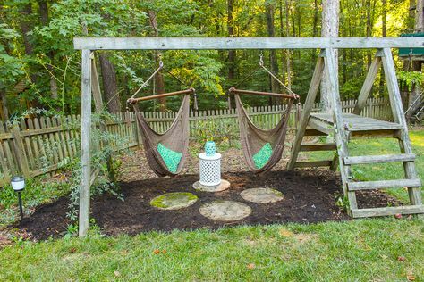 Are your kids still using that old swing set in your backyard or have they long outgrown it? It's time to make this a Swing Set for Grown Ups! Adult Swingset Ideas, Adult Swings Backyard, Adult Swing Set Diy, Diy Swing Set, Swing Set Plans, Swing Set Diy, Backyard Playset, Diy Swing, Backyard Area