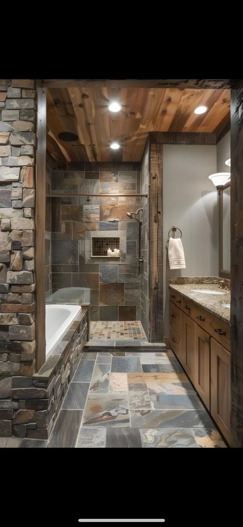 Stone Bathtub Shower Combo, Rustic Tub Shower Combo, Bathtub Shower Combo, Bathroom With Tub, Stone Bathtub, Rustic Shower, Master Shower, Mountain Lodge, Tub Shower