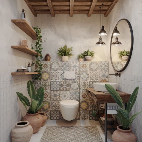 Add personality to your bathroom with patterned tiles. 🛁🧩 #InteriorDesign #PatternedTiles #HomeDecor #BathroomInspo Modern Moroccan Bathroom, Unique Bathroom Tiles, Patterned Bathroom Tiles, Bathroom Ornaments, Patterned Wall Tiles, Moroccan Bathroom, Boho Tiles, Bohemian Bathroom, Patterned Tiles