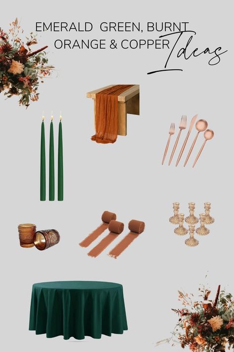 Green Velvet Linen Wedding, Burnt Orange Forest Green Wedding, Emerald Green And Copper Wedding, Emerald And Terracotta Wedding, Green And Copper Wedding, Burnt Orange Weddings Decorations, Copper Wedding Theme, Green Wedding Palette, Copper Wedding Decor