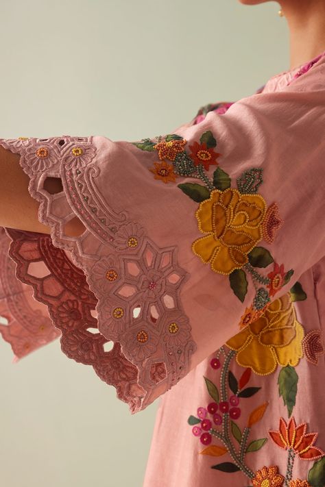 Buy Pink Chanderi Applique Embroidered Beads Round Kurta And Pant Set For Women by Chandrima Online at Aza Fashions. Bohemian Decorating, Embroidered Beads, Embroidery Fashion Detail, 2024 Ideas, Rose Applique, Cutwork Embroidery, Sleeves Designs For Dresses, Suits Design, Flowers Fabric