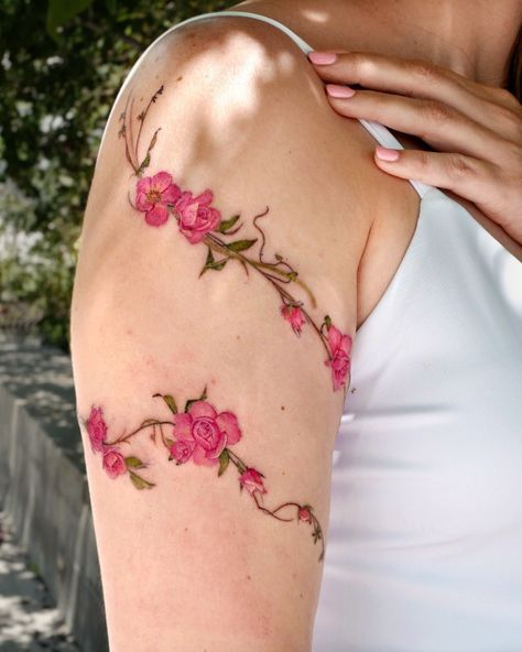 Pink Rose Vine Tattoo, colorful flower arm tattoo Rosebud Vine Tattoo, Color Vine Tattoo, Briar Rose Tattoo, Rose Vine Tattoo, Flower Vine Tattoo, Flower Arm Tattoo, Rose Vine Tattoos, Flower Vine Tattoos, Tattoo Colorful