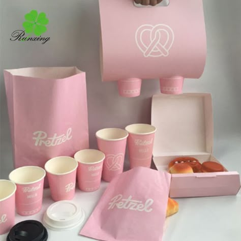 Cafe To Go Packaging, Pink Food Packaging, Pink Container Cafe, Cafe Packaging Ideas, Custom Disposable Cups, Coffee Shop Packaging, Coffee Shop Cups, Colourful Cafe, Cafe Packaging