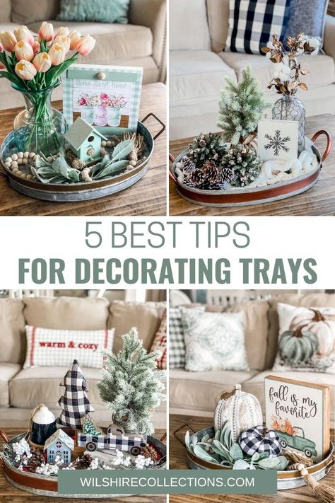 Metal Tray Decor Ideas, Table Tray Decor Ideas, Metal Tray Decor, Tray On Coffee Table, Decorating Trays, Winter Tray, Christmas Tray Decor, Table Tray Decor, Coffee Table Trays