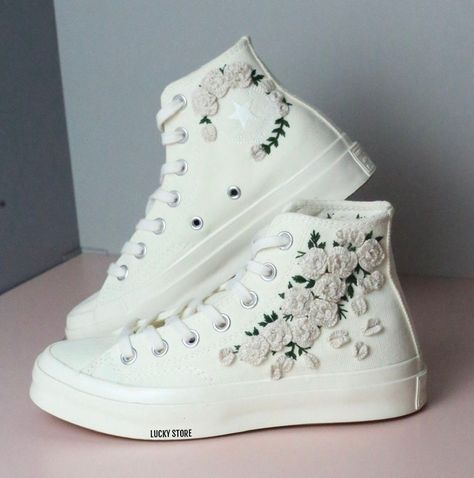 "Experience the art of hand embroidery on Converse embroidered shoes, a testament to meticulous craftsmanship." Custom Embroidery Wedding Converse/ Bridal  Flowers Embroidered Shoes/ Bridal Flowers Embroidered Sneakers/ wedding converse for bride  💸 Price includes Converse Shoes and floral embroidery as shown 🌸 You can send me your Converse/Vans shoes or I can buy them for you. We stock all the Converse and Vans shoes you want, if you want other Converse/Vans shoes in the store, please message us. Your embroidered Converse/Vans shoes will be available for shipping in 7-15 days. 🌸 I started hand embroidering on fashionable clothes and handbags over 20 years ago - and now on CONVERSE/VANS shoes, an American icon, a must-see classic! I'm excited to give your Chuck Taylor shoes a new look w White Wedding Sneakers, Embroidered Wedding Sneakers, Embroidered Converse Wedding, Wedding Converse Embroidered, Wedding Converse Sneakers & Athletic Shoes, Wedding Low-top Sneakers With Floral Embroidery, Bridal Converse, Cute Converse Shoes, Chuck Taylor Shoes