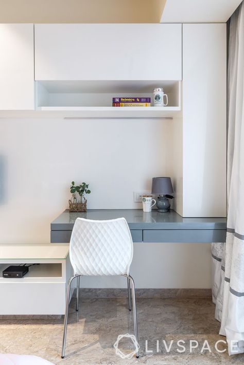 home office ideas-white chair-grey and white tv unit-table lamp-desk plant Study Table Ideas, Study Room Furniture, Home Study Rooms, Study Table Designs, Study Room Design, Home Office Table, Aesthetic Study, Living Room Partition Design, Study Room Decor