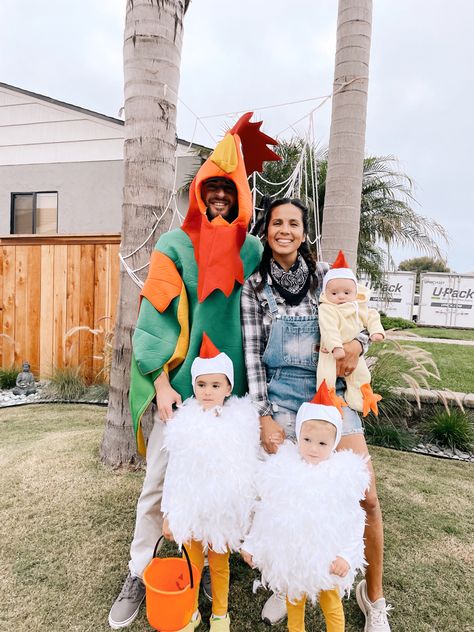 rooster, farmers, and chickens Farmer And Chicken Costume, Chicken Farmer Costume, Baby Chicken Costume, Farmer Costume, Chicken Costumes, Mom Dad Baby, Baby Chickens, Dad Baby, Dog Daycare