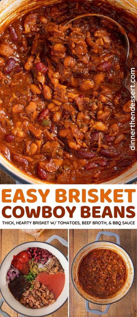 Brisket Cowboy Beans are better-than-baked beans with brisket, simmered in a thick sauce made with tomatoes, beef broth, barbecue sauce, and no added sugar. #dinner #brisket #bakedbeans #beans #cowboybeans #dinnerthendessert Beans And Brisket, Brisket And Beans Recipe, Canning Brisket, Beef Brisket Sides Dishes, Baked Beans With Brisket, Brisket Beans, Chicken Alfedo, Brisket Baked Beans, Brisket Side Dishes