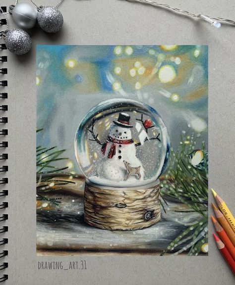 Christmas Realistic Art, Christmas Art Colored Pencil, Winter Drawings Colored Pencil, Snow Globe Drawing Realistic, Christmas Drawing Ideas Realistic, Christmas Colour Pencil Drawing, Christmas Prismacolor Drawing, Color Pencil Christmas Drawings, Christmas Drawing Colored Pencil