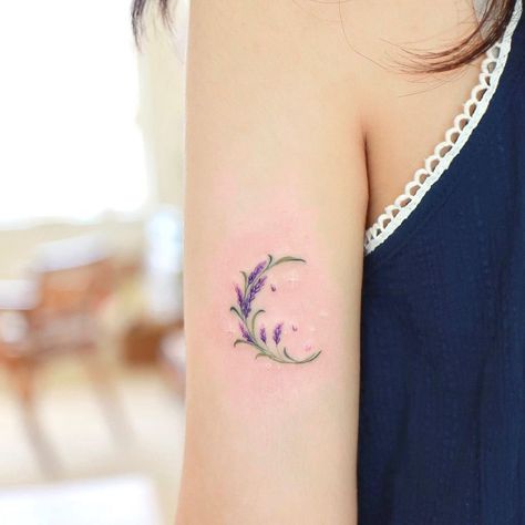 Moon Tattoo With Lavender, Cross Moon Tattoo, Crescent Flower Tattoo, Moon With Lavender Tattoo, Violet And Lavender Flower Tattoo, Moon Lavender Tattoo, Moon And Lavender Tattoo, Lavender Moon Tattoo, Heart And Flower Tattoo