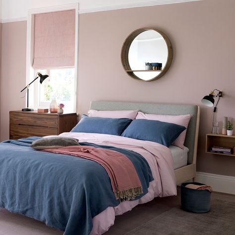 Relaxed-Scandi-bedroom-in-blush-pink-and-denim-blue Blush Bedroom Ideas, Astronomy Bedroom, Bedroom For Women, Turqoise Bedroom, Dusty Pink Bedroom, Wayfair Bedroom, Guys Bedroom, Bedroom Tumblr, Blue And Pink Bedroom