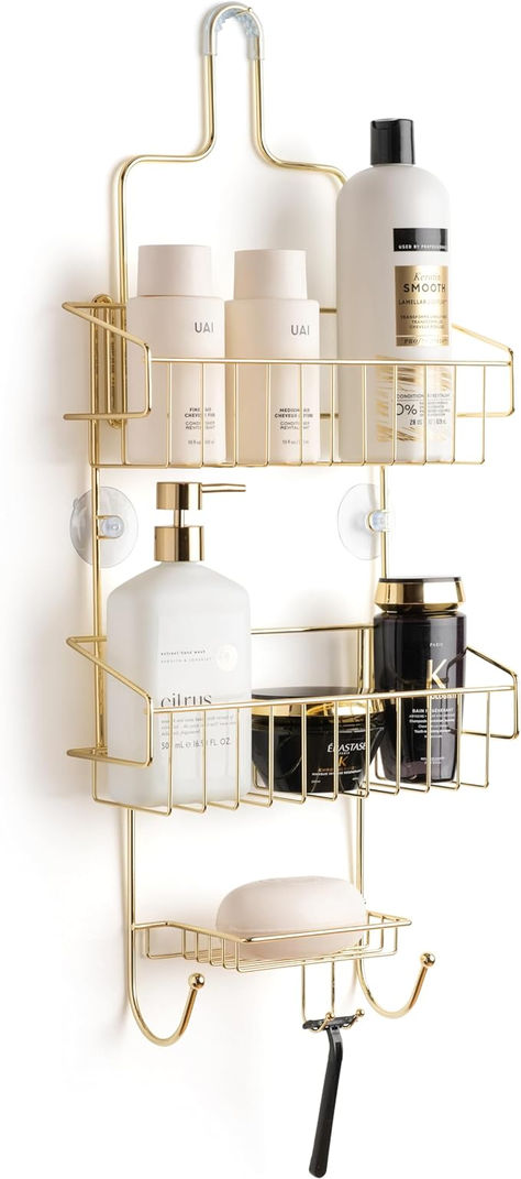 SMART SHOWER STORAGE: This bathroom shower caddy is the perfect organizer for all your self-care essentials. Large bottles fit in the two-tier storage with ease, and it also features a razor holder and Bath Caddies, Shower And Bath, Razor Holder, Shower Storage, Gold Shower, Bath Store, Clean Aesthetic, Aesthetic Decor, Rustic Cottage