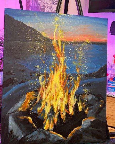 Dark Canvas Art, Oil Painting Beginner Ideas, Fire Painting Ideas On Canvas, How To Paint Fire, Cool Acrylic Paintings, Art Project Ideas High School, Fire Painting Acrylic Easy, Fire Painting Acrylic, Forest Fire Painting