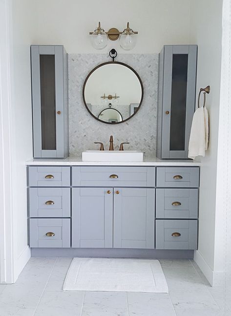 Grey Bathroom Cabinets, Bathroom Cabinets Designs, Rta Cabinets, Bathroom Decor Luxury, Grey Bathroom, Upstairs Bathrooms, Grey Cabinets, Girls Bathroom, Grey Bathrooms