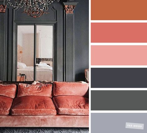 The best living room color schemes - Grey and Terracotta Color Palette , coral velvet #color #colorscheme Grey And Terracotta, Terracotta Living Room, Coral Living Rooms, Good Living Room Colors, Terracotta Color Palette, Rustic Farmhouse Living Room, Terracotta Color, Modern Color Schemes, Best Living Room