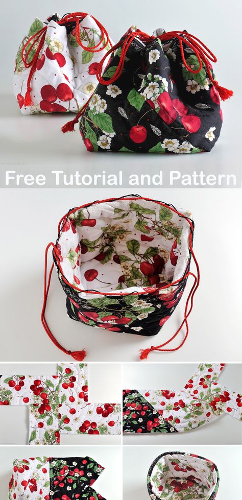 How To Sew Bags Free Pattern, Fabric Drawstring Bags, Japanese Drawstring Bag, Free Sewing Bag Patterns, Japanese Bags To Sew, Japanese Bag Pattern, Handmade Bags Diy How To Make, Sewing Ideas For Gifts, Drawstring Bag Pattern Free