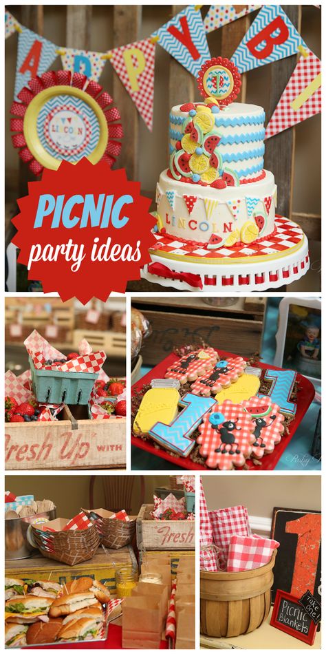 A first birthday party with a Picnic theme, red gingham decorations, and a fantastic decorated cake and cookies! See more party planning ideas at CatchMyParty.com! Color Schemes Party, Baby Shower Ideas Decorations, Picnic Themed Parties, Gingham Decorations, Gingham Party, Picnic Birthday Party, Picnic Theme, Birthday Bbq, Picnic Birthday