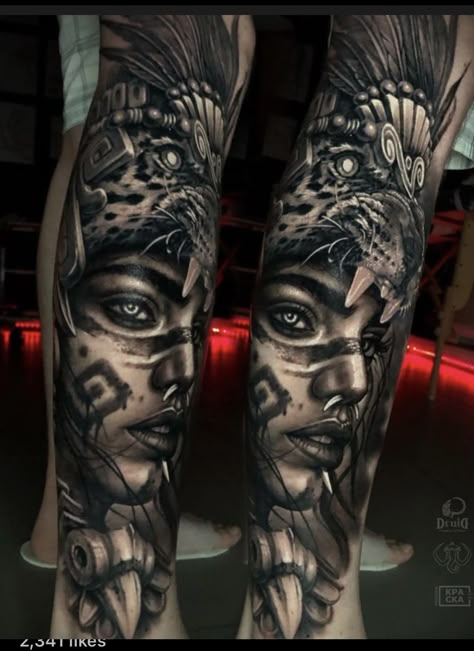 Female Mayan Warrior Tattoo, Amazonian Warrior Tattoo, Mayan Woman Tattoo, Aztec Leg Sleeve Tattoo, Aztec Warrior Princess Tattoo, Aztec Girl Tattoo, Aztec Woman Tattoo, Aztec Warrior Tattoo Men, Aztec Gods Tattoo