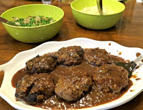 SALISBURY STEAK ~ The Pioneer Woman’s Style | Linda Home is Where My Heart is Salisbury Steak Recipe Pioneer Woman, Salisbury Steak Recipe Oven, Chopped Steak Recipes, Best Salisbury Steak, Best Salisbury Steak Recipe, Homemade Salisbury Steak, Salisbury Steak Recipe, Ree Drummond Recipes, New Recipes For Dinner