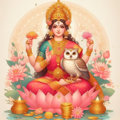 Mata Laxmi With Her Owl Kid Lakshmi Mata Painting, Laxmi Mata Photo, Laxmi Photo, Laxmi Ji Drawing, Lakshmi Mata, Maa Laxmi, Laxmi Mata Drawing, Laxmi Mata, Diwali Goddess